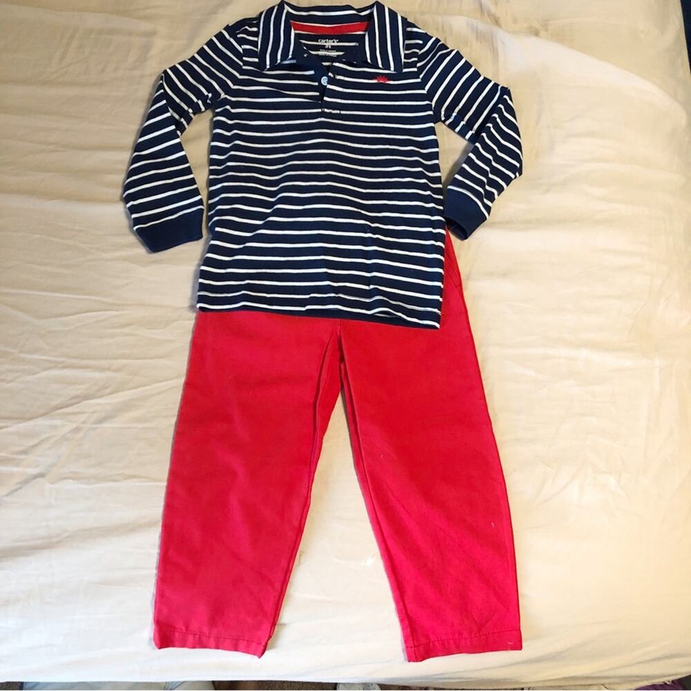 NWT Carter’s 2 Piece Set Striped Collared Long Sleeve Top and Red Pants Size 3